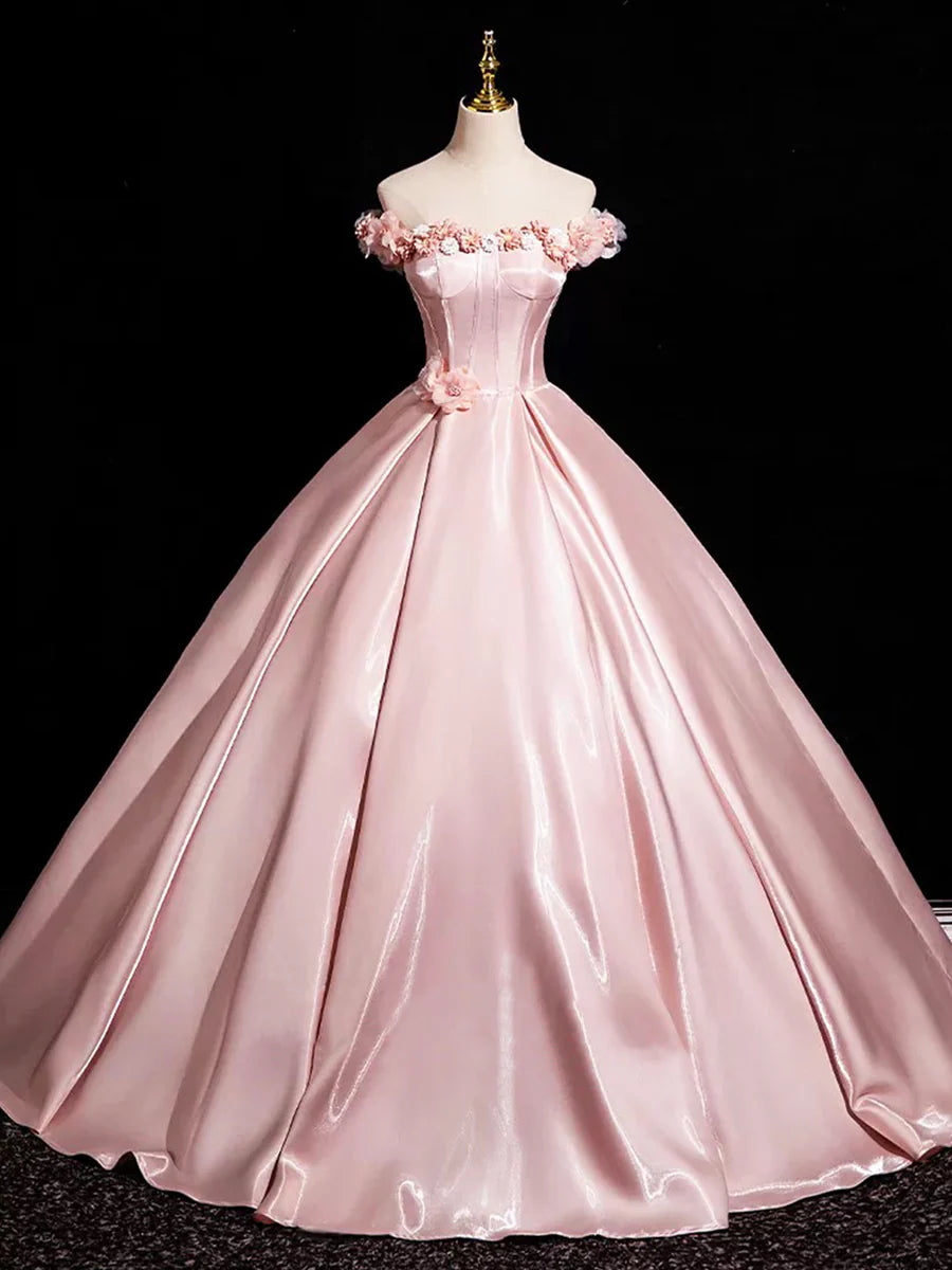 Pink Satin With Applique Strapless Corset Long Prom Dress Beautiful A-Line Evening Party Dress