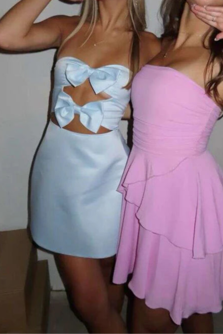 Pink Satin With Bow A-Line Strapless Cutouts Short Homecoming Dress Pink Party Dress