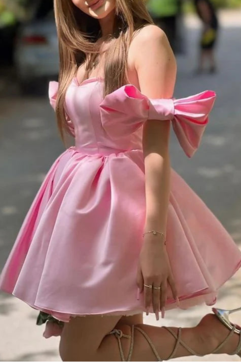 Pink Satin With Bow Short Evening Dress Cocktail Dresses Short Party Dress Homecoming Dress