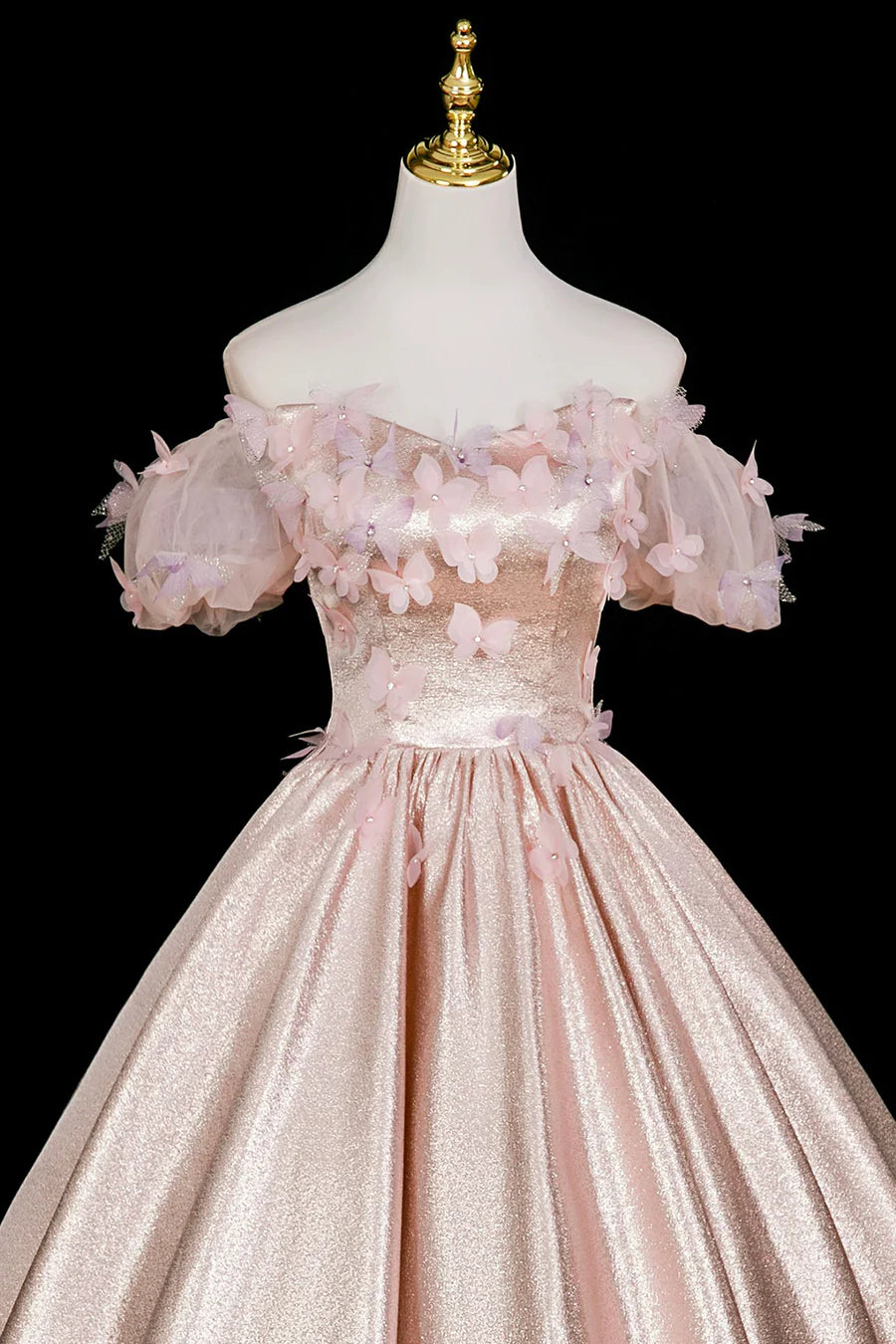 Pink Satin With Butterfly Off Shoulder A-Line Long Prom Dress Evening Party Dress