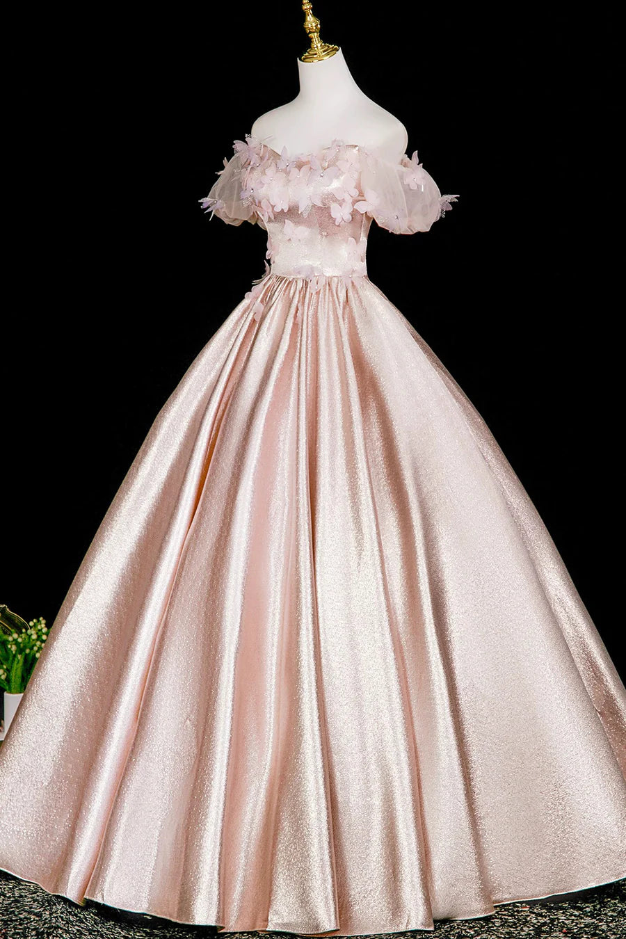 Pink Satin With Butterfly Off Shoulder A-Line Long Prom Dress Evening Party Dress