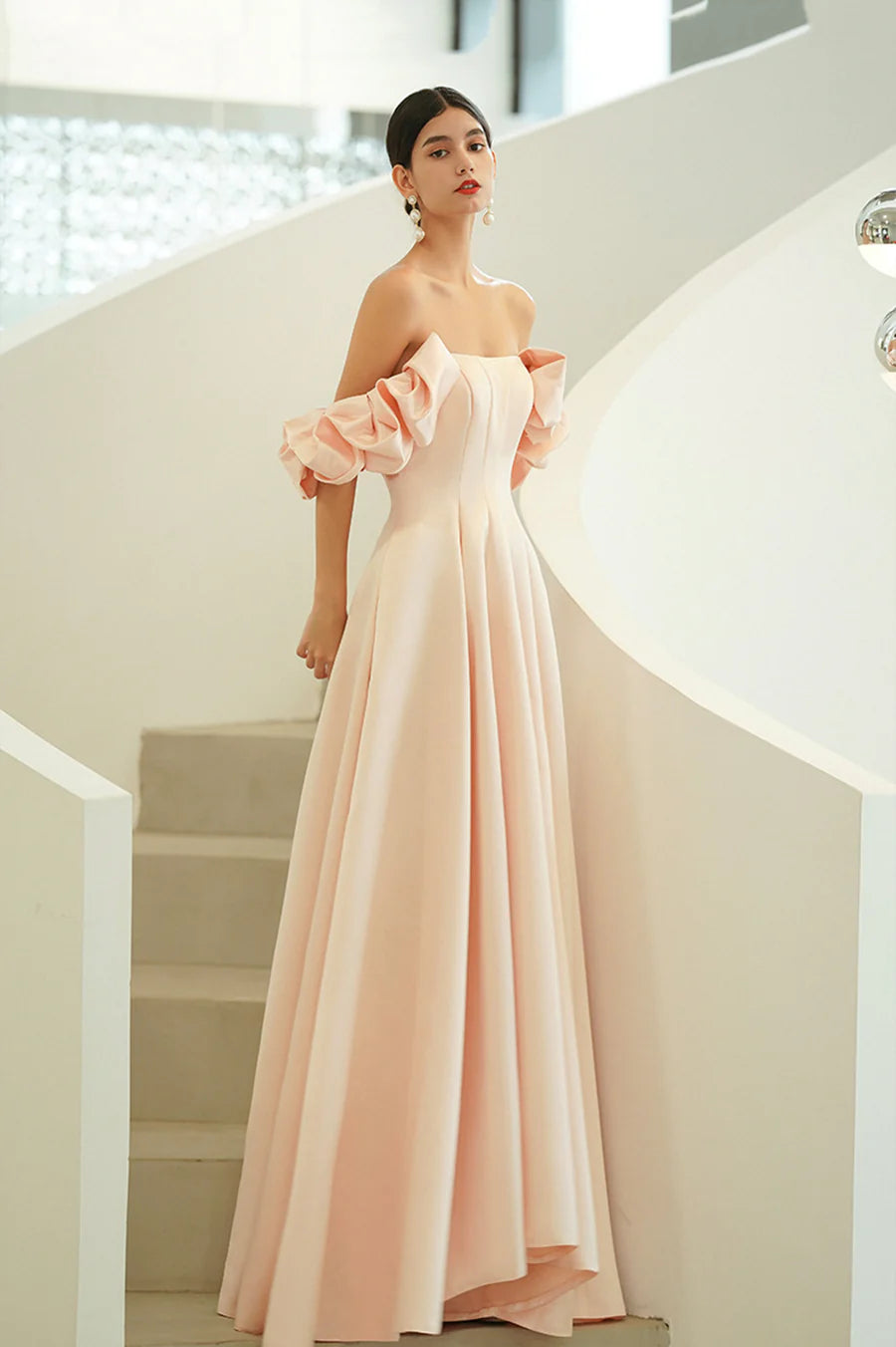Pink Satin With Tail Off the Shoulder A-Line Long Prom Dresses Evening Party Dresses