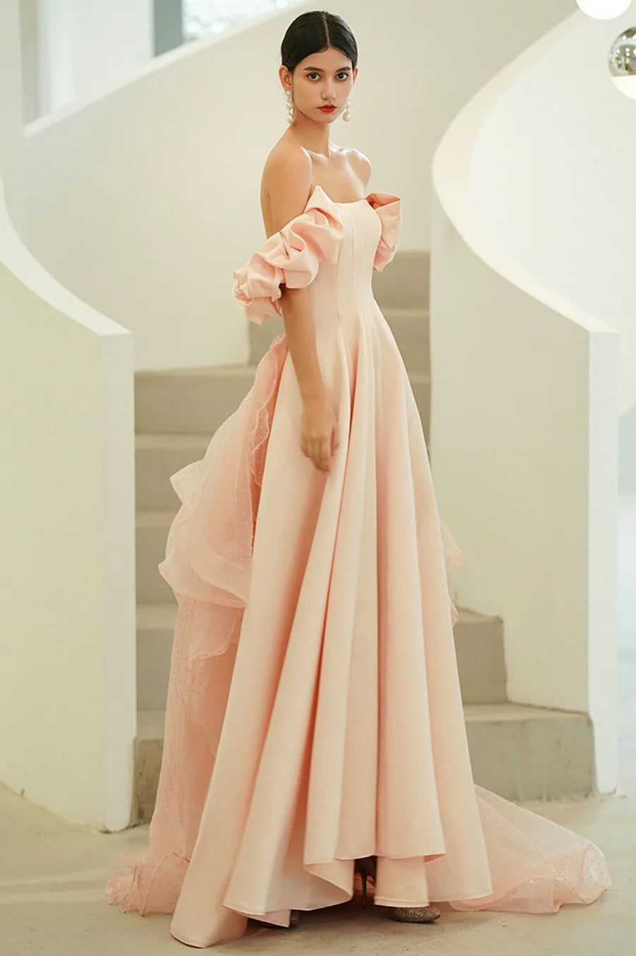 Pink Satin With Tail Off the Shoulder A-Line Long Prom Dresses Evening Party Dresses