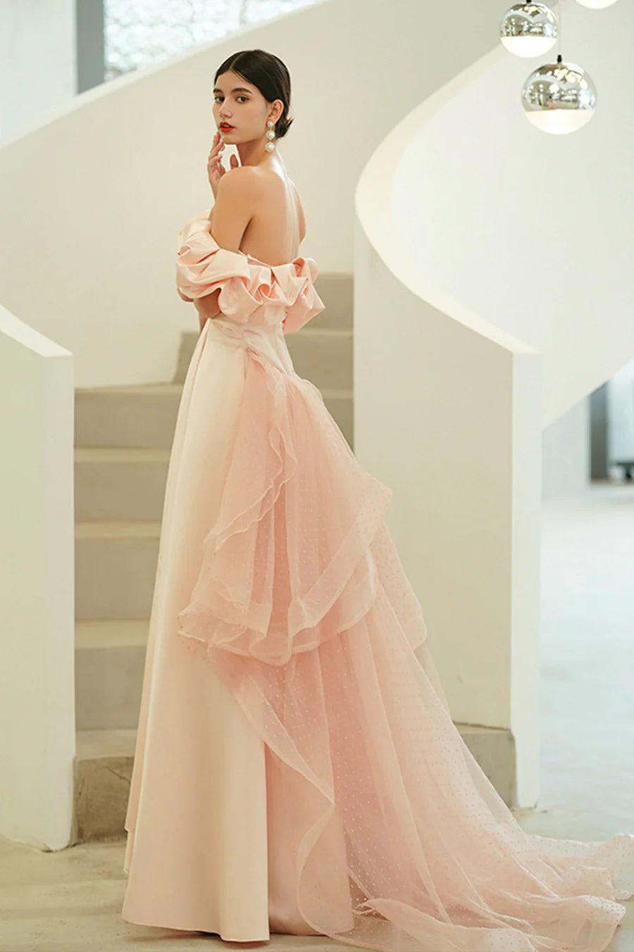 Pink Satin With Tail Off the Shoulder A-Line Long Prom Dresses Evening Party Dresses