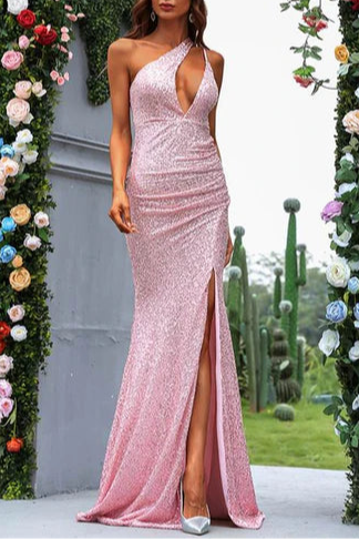 Pink Sequin One-Shoulder Cutout Mermaid Floor Length Long Evening Dress With Slit