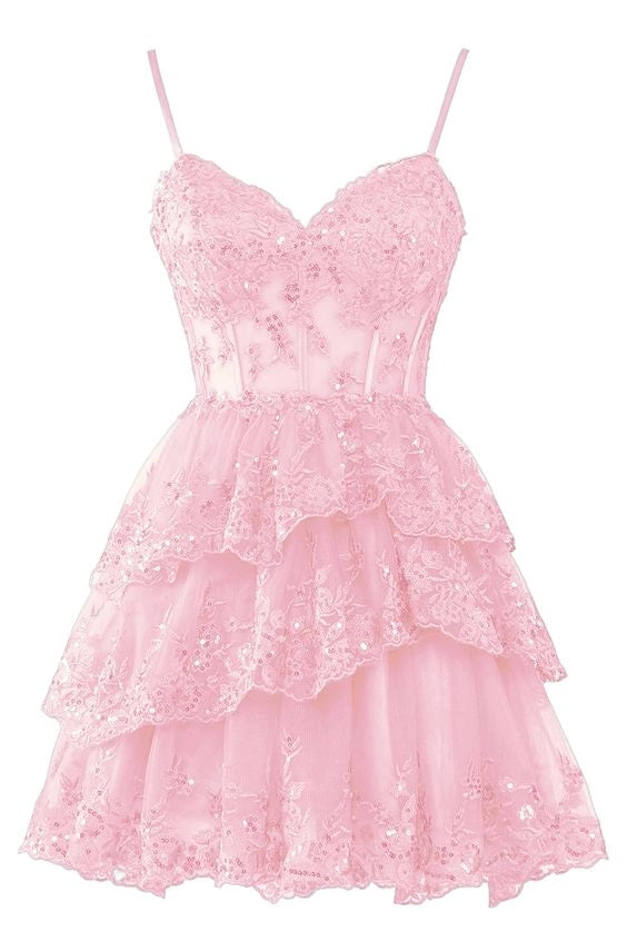 Pink Sequin Tulle Applique Corset Tiered Short  Formal Party Gowns Homecoming Dresses