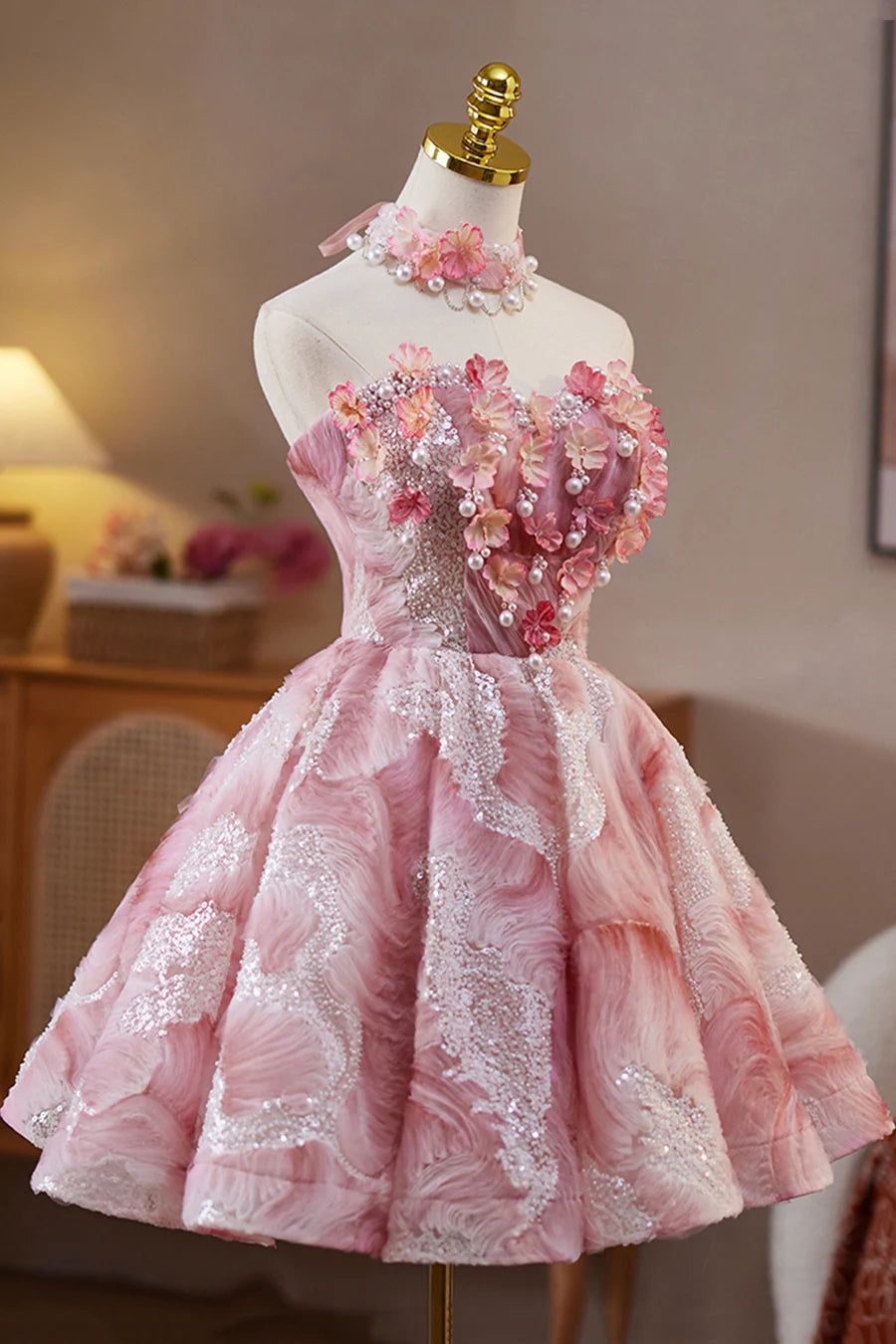 Pink Sequins Beads Pearl Strapless A-Line Short Party Dress Evening Party Dress