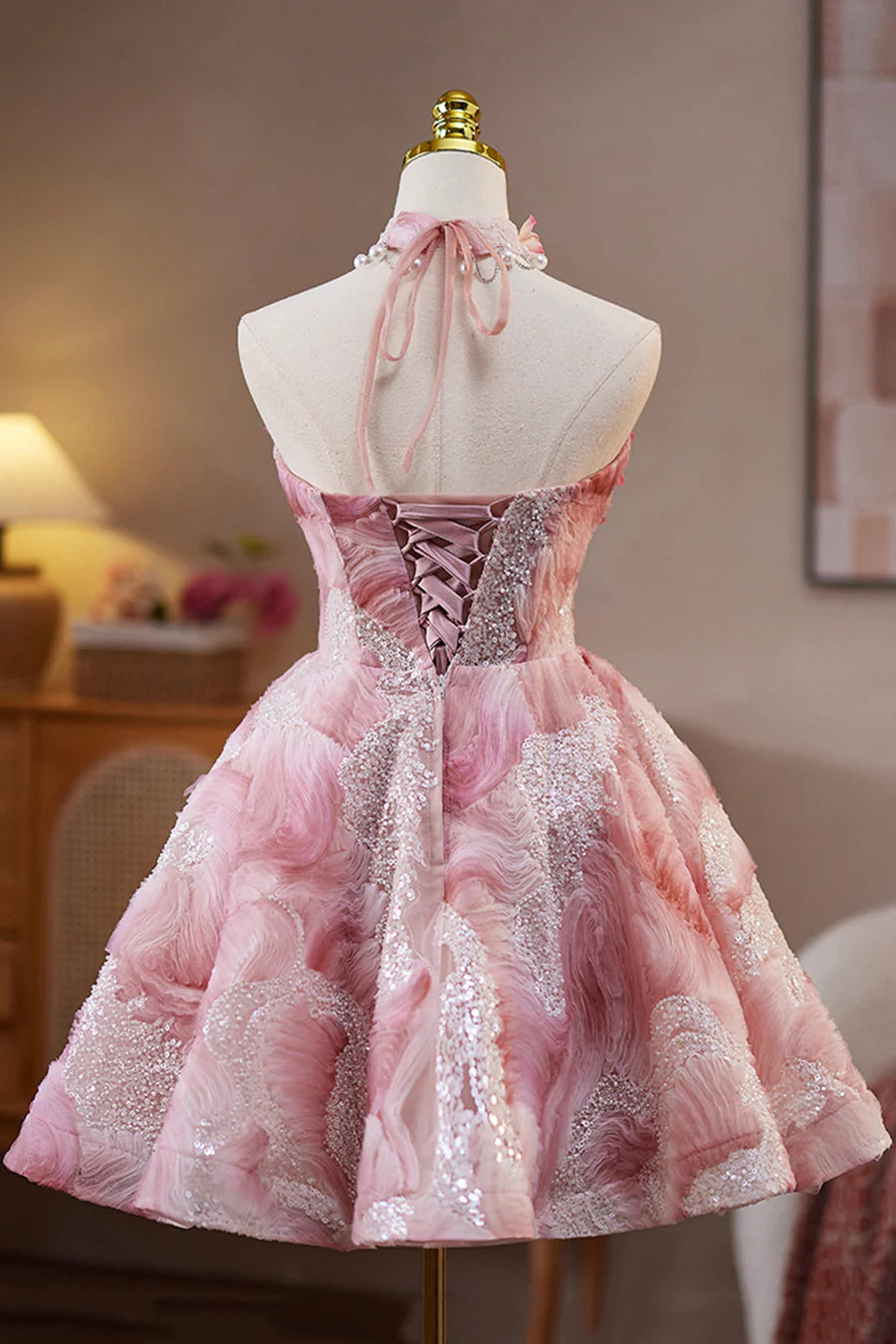 Pink Sequins Beads Pearl Strapless A-Line Short Party Dress Evening Party Dress