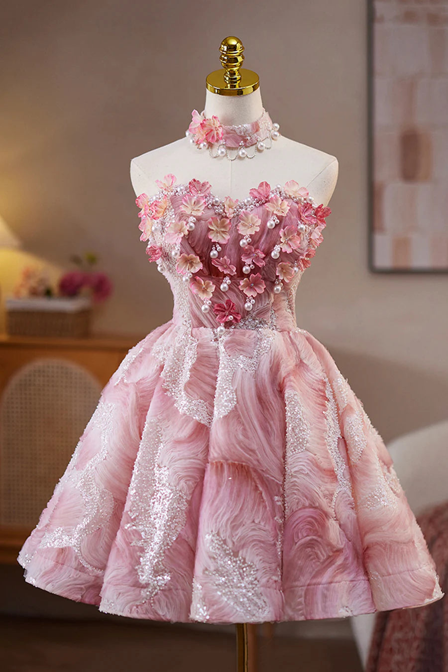 Pink Sequins Beads Pearl Strapless A-Line Short Party Dress Evening Party Dress