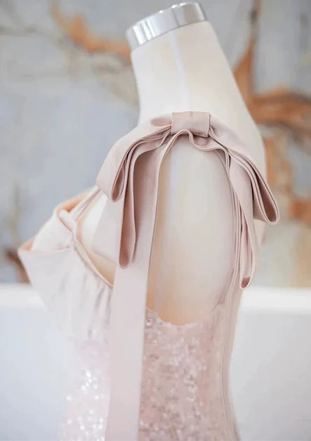 Pink Sequins Square Neck A-line Straps With Bow Floor Length Party Dress Prom Dress Evening Dress