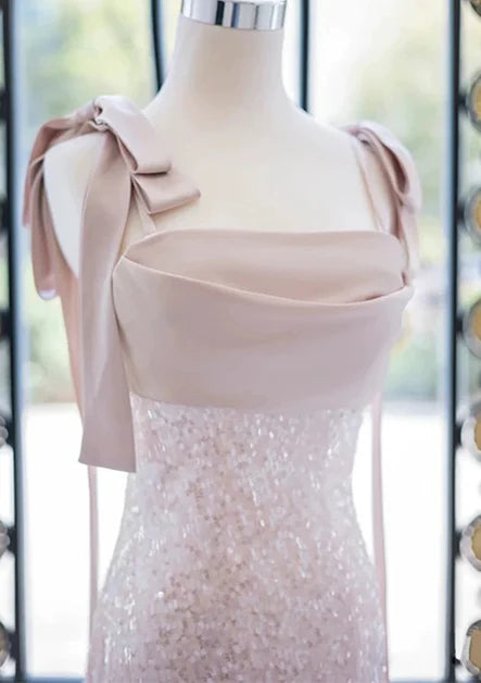 Pink Sequins Square Neck A-line Straps With Bow Floor Length Party Dress Prom Dress Evening Dress