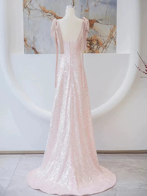 Pink Sequins Square Neck A-line Straps With Bow Floor Length Party Dress Prom Dress Evening Dress