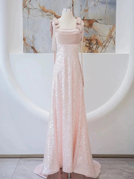Pink Sequins Square Neck A-line Straps With Bow Floor Length Party Dress Prom Dress Evening Dress