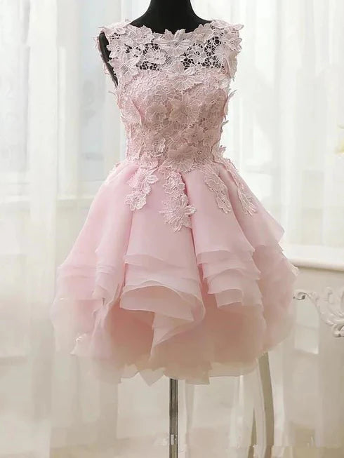 Pink Short Lace With Applique Layered Round Neckline Party Dress Homecoming Dress
