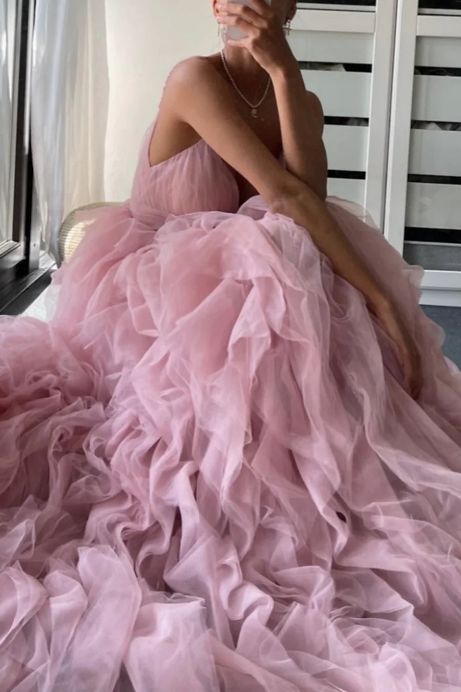 Pink Spaghetti Straps V-Neck Ruffles Tulle Empire-Waist Formal Prom Dress