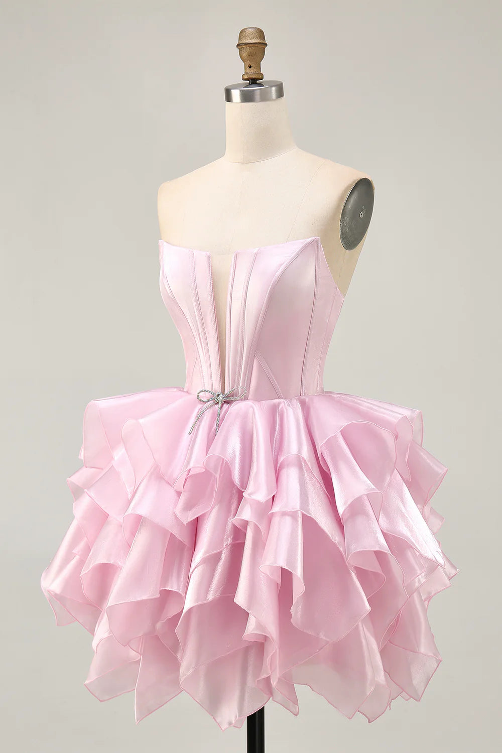 Pink Strapless Deep V Neck Corset Tiered A Line Homecoming Dress With Lace Up Back