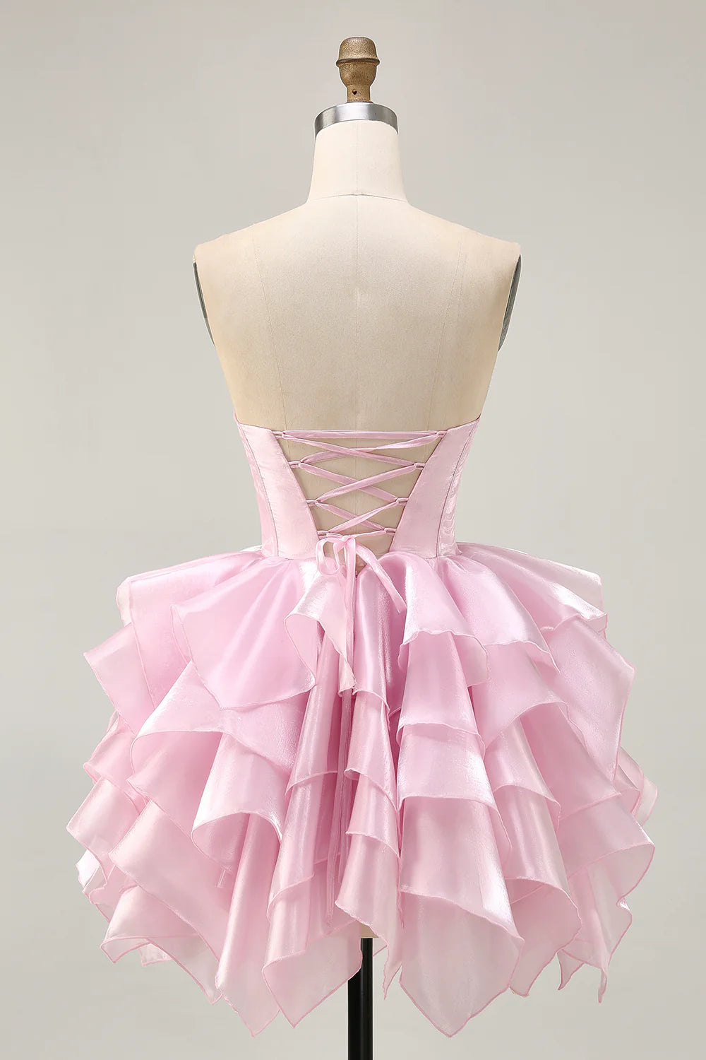 Pink Strapless Deep V Neck Corset Tiered A Line Homecoming Dress With Lace Up Back