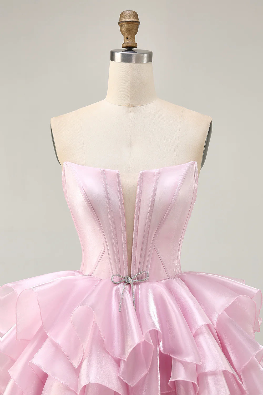 Pink Strapless Deep V Neck Corset Tiered A Line Homecoming Dress With Lace Up Back