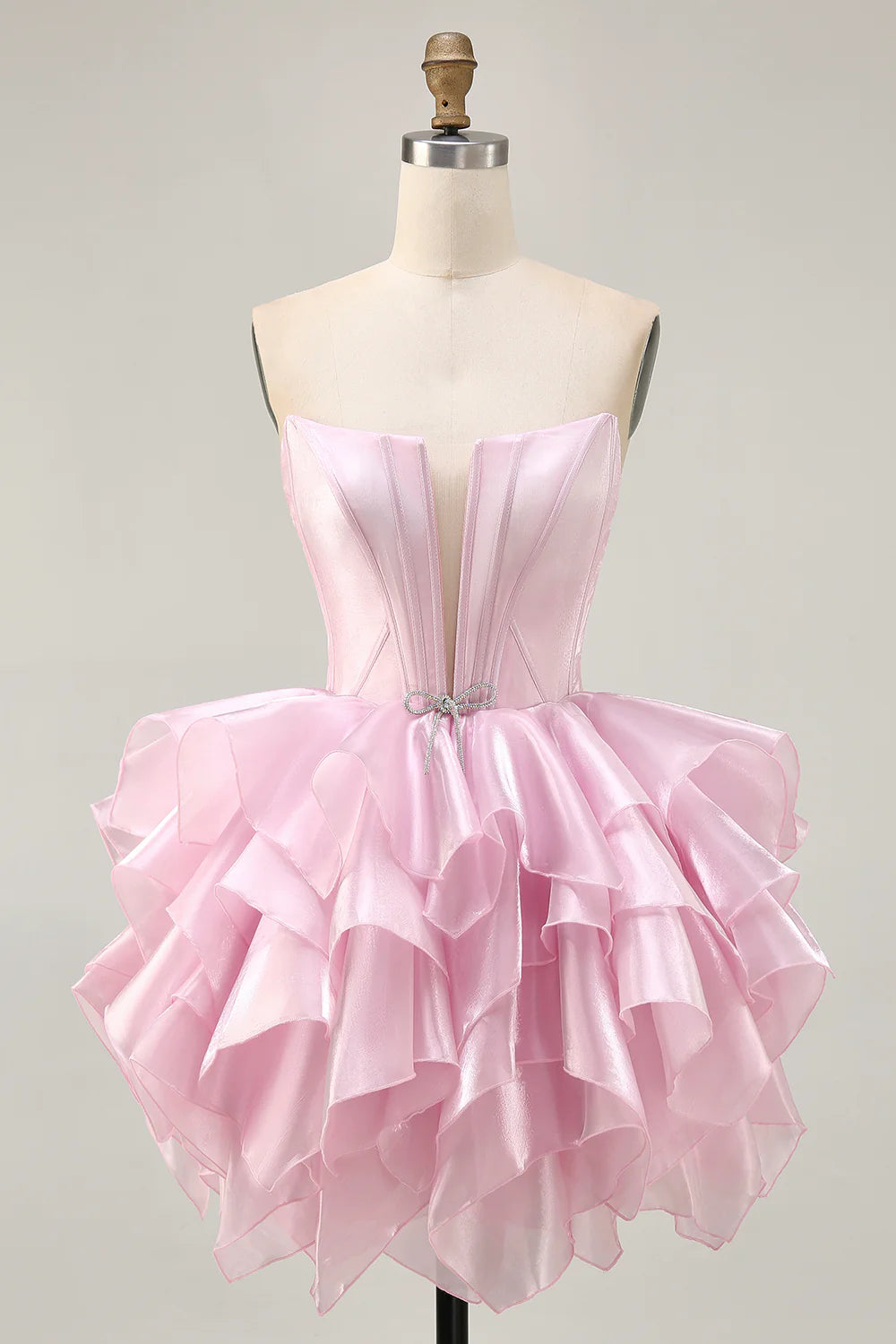 Pink Strapless Deep V Neck Corset Tiered A Line Homecoming Dress With Lace Up Back