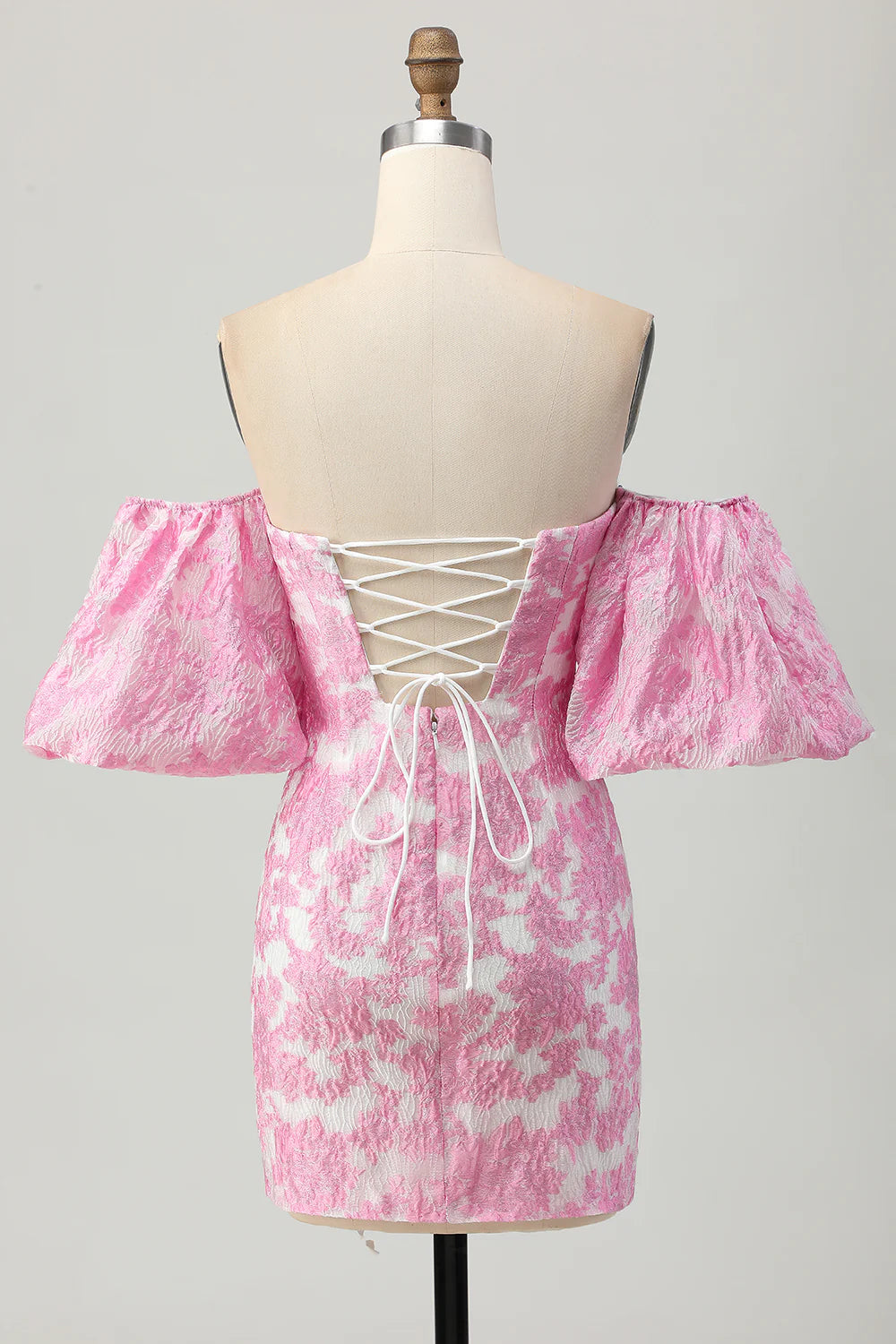 Pink Strapless Floral Textured Homecoming Dress Pink  Evening Dress With Puff Sleeves