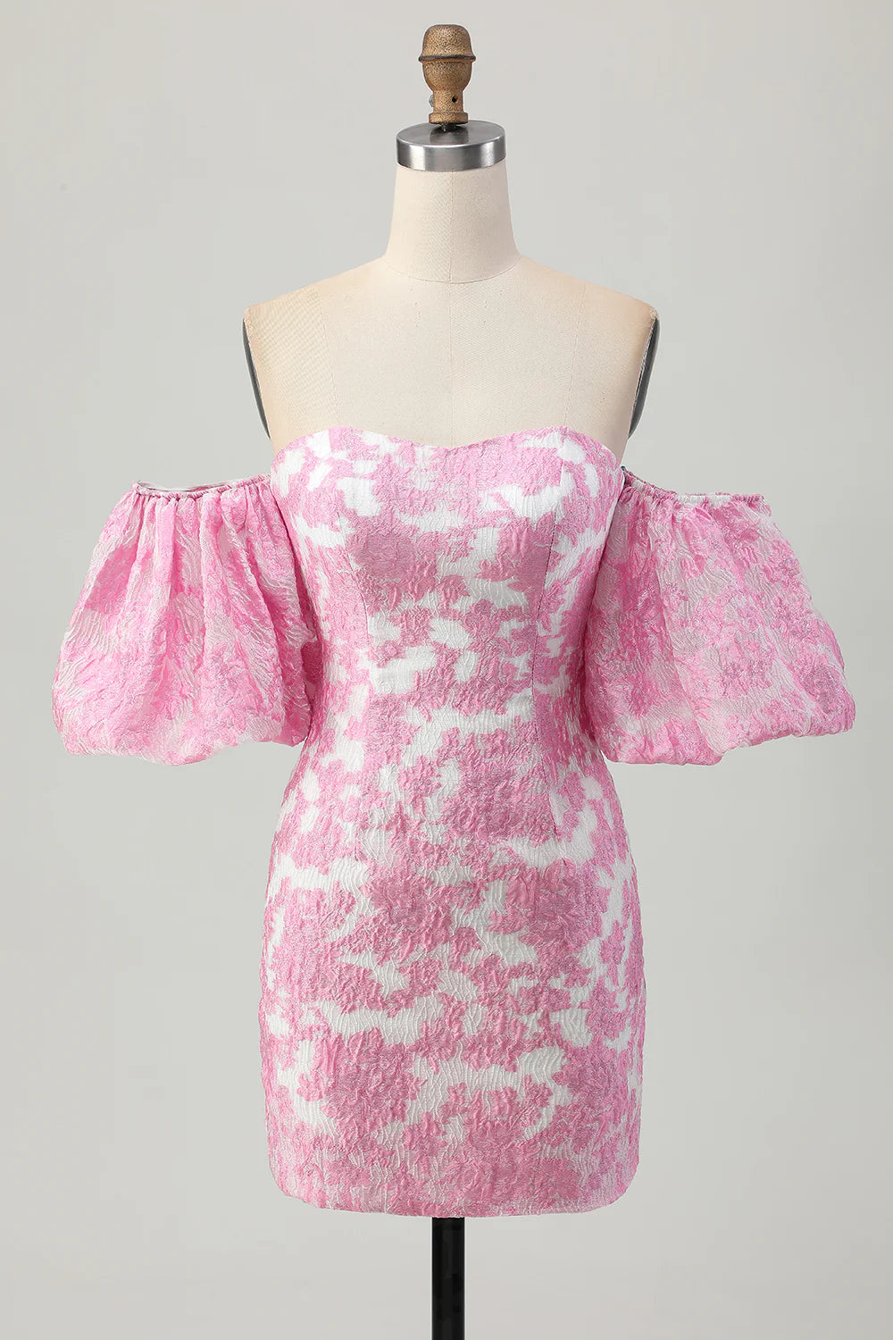 Pink Strapless Floral Textured Homecoming Dress Pink  Evening Dress With Puff Sleeves
