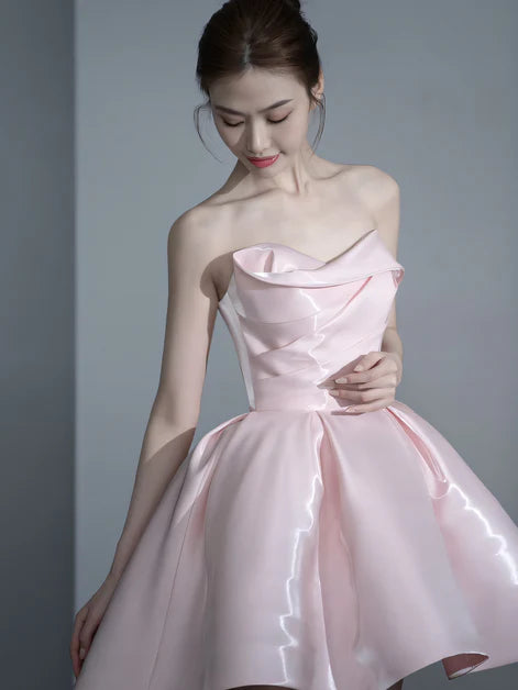 Pink Sweetheart Satin Pleated Sleeveless Short Homecoming Dress Prom Dress Formal Dress