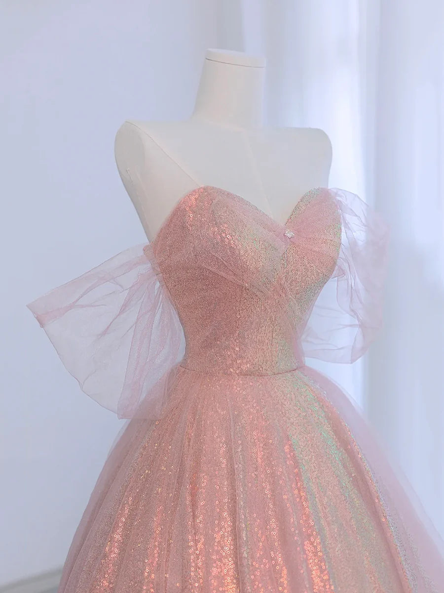 Pink Tulle And Sparkling Sequins Sweetheart Collar Floor Length Prom Dress Beautiful A-Line Evening Party Dress