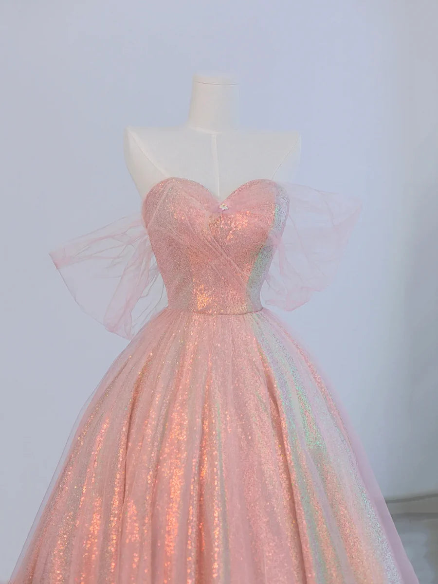 Pink Tulle And Sparkling Sequins Sweetheart Collar Floor Length Prom Dress Beautiful A-Line Evening Party Dress