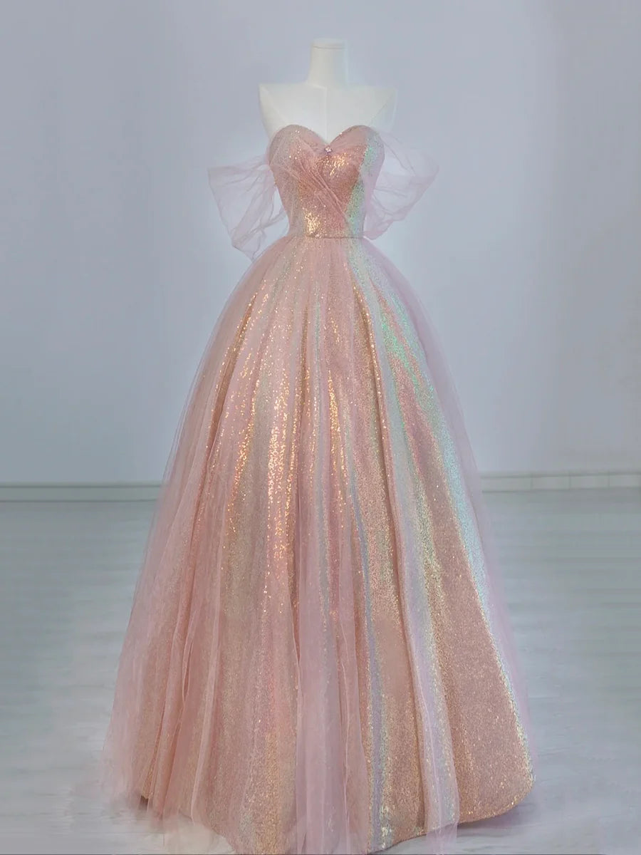 Pink Tulle And Sparkling Sequins Sweetheart Collar Floor Length Prom Dress Beautiful A-Line Evening Party Dress