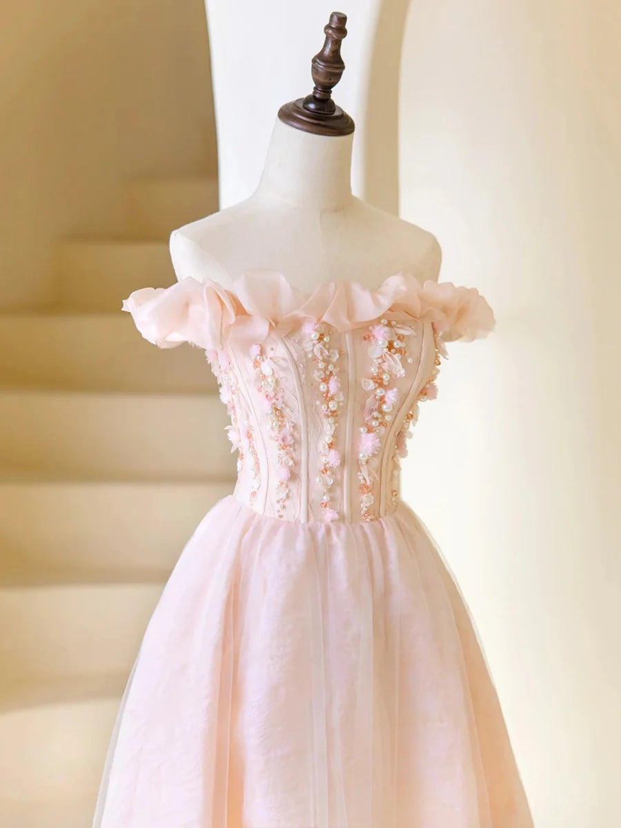 Pink Tulle Beaded Corset Tea Length Prom Dress A-Line Off Shoulder Homecoming Party Dress