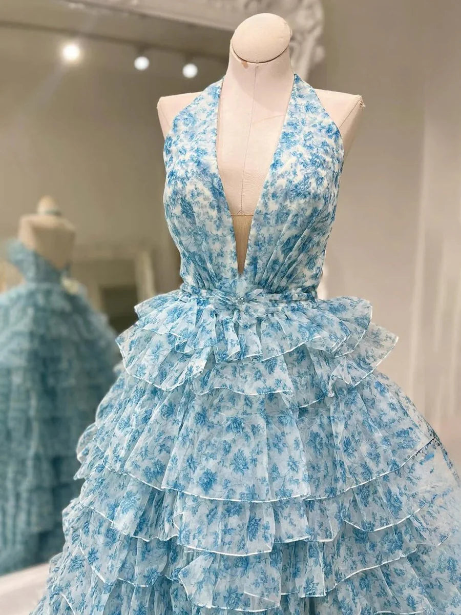 Pink Tulle Floral Printed Halter Ruffle Tiered A Line Prom Dresses Pink Tulle Evening Dresses