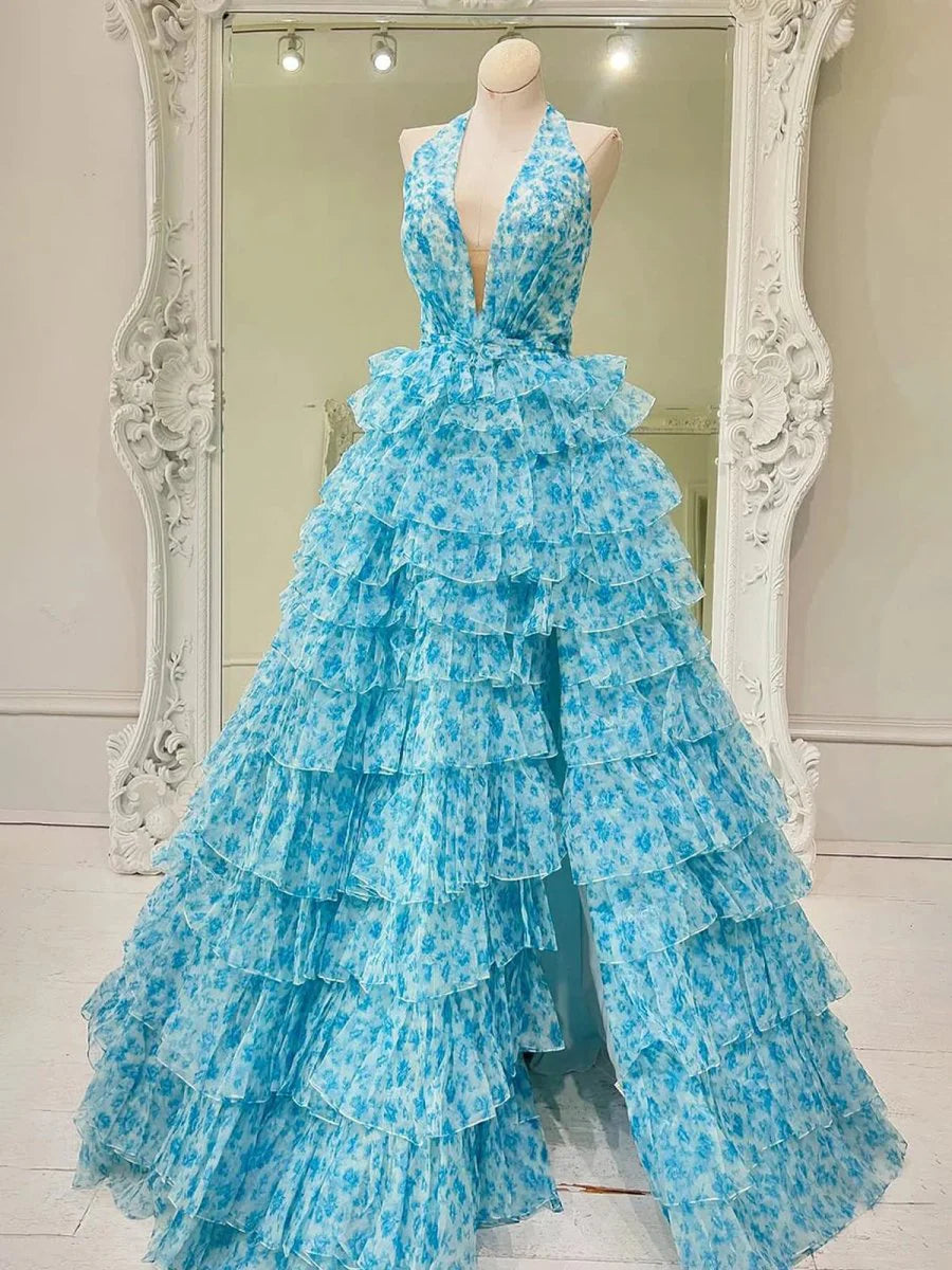 Pink Tulle Floral Printed Halter Ruffle Tiered A Line Prom Dresses Pink Tulle Evening Dresses