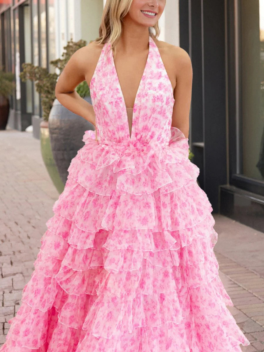Pink Tulle Floral Printed Halter Ruffle Tiered A Line Prom Dresses Pink Tulle Evening Dresses