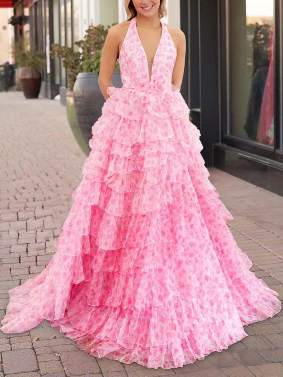 Pink Tulle Floral Printed Halter Ruffle Tiered A Line Prom Dresses Pink Tulle Evening Dresses
