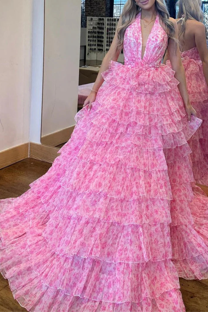 Pink Tulle Floral Printed Halter Ruffle Tiered A Line Prom Dresses Pink Tulle Evening Dresses