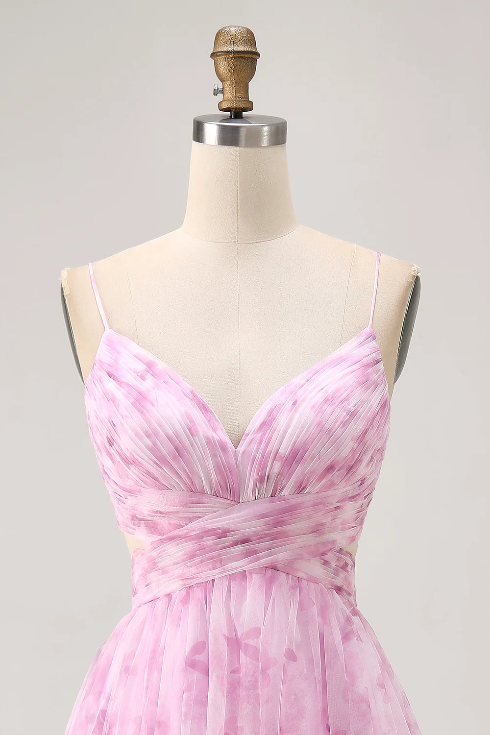 Pink Tulle Floral V Neck Open Back A Line Spaghetti Straps Ruched Short Homecoming Party Dress