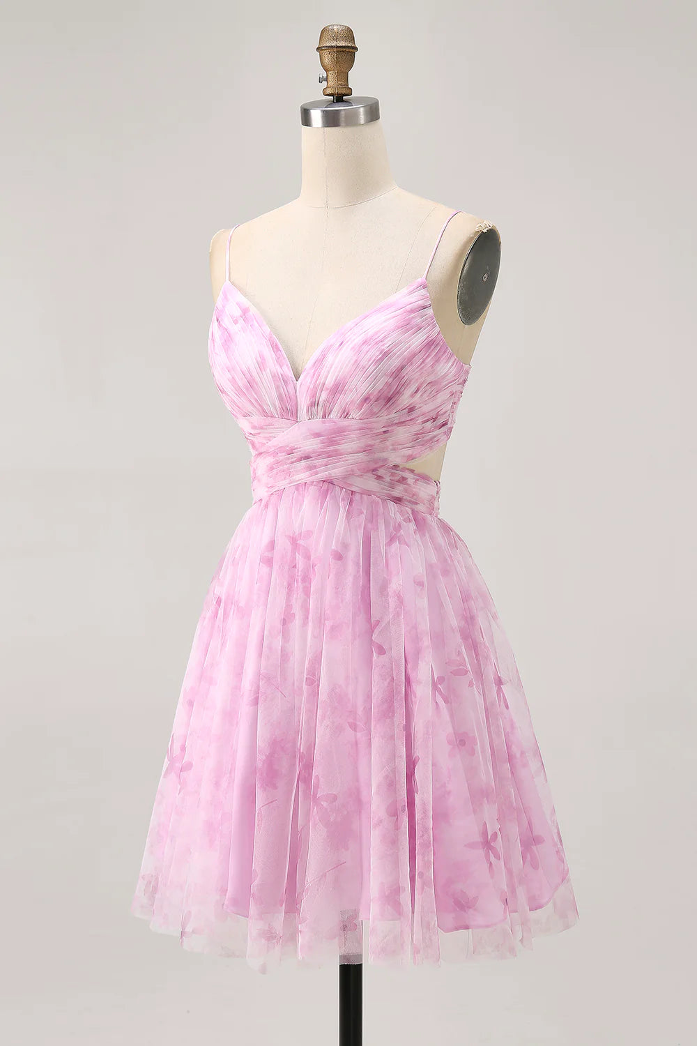 Pink Tulle Floral V Neck Open Back A Line Spaghetti Straps Ruched Short Homecoming Party Dress