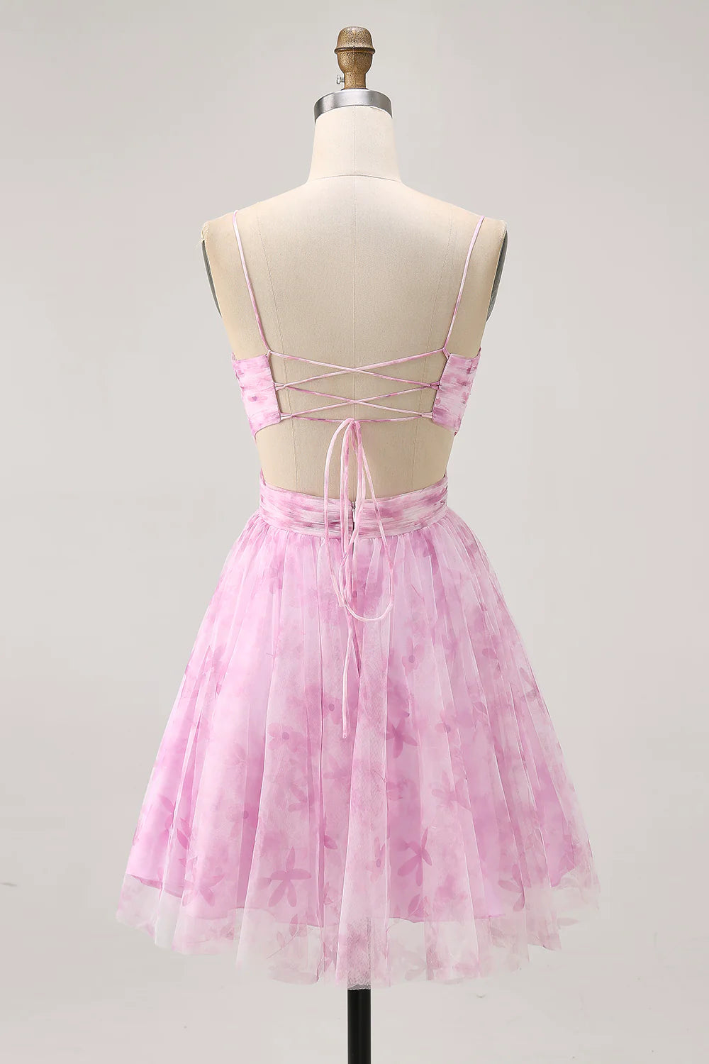 Pink Tulle Floral V Neck Open Back A Line Spaghetti Straps Ruched Short Homecoming Party Dress
