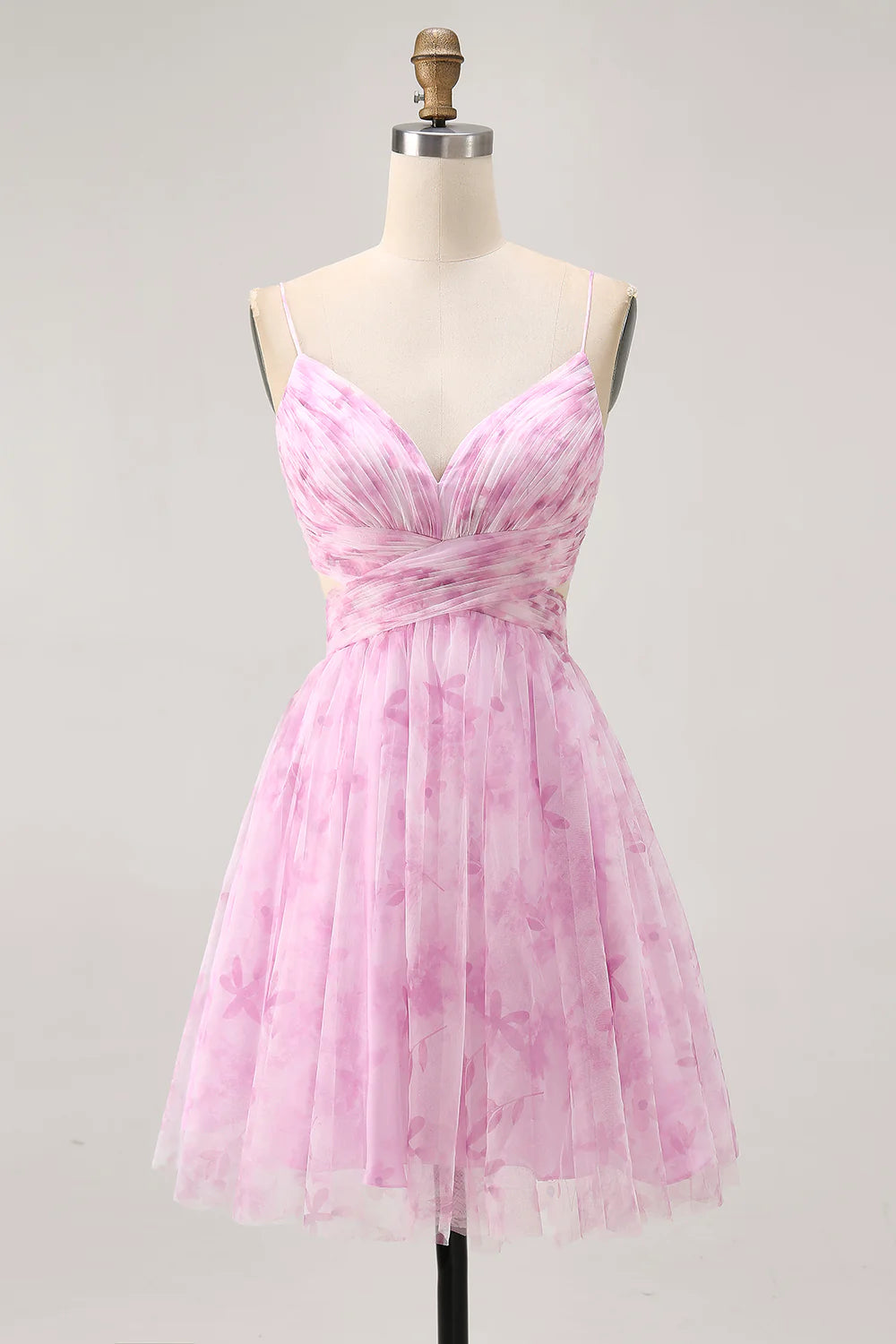 Pink Tulle Floral V Neck Open Back A Line Spaghetti Straps Ruched Short Homecoming Party Dress