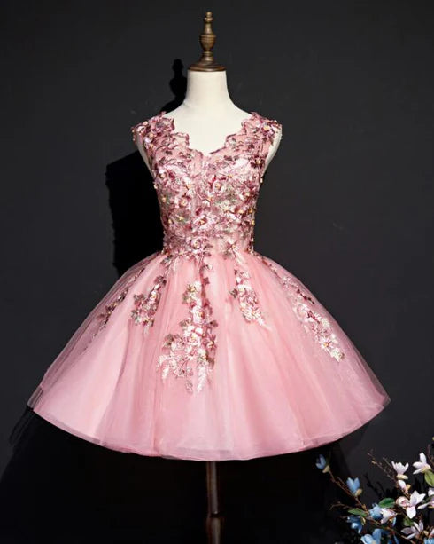 Pink Tulle Flowers A-line Short Homecoming Dress Teen Formal Dress