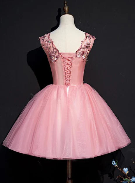 Pink Tulle Flowers A-line Short Homecoming Dress Teen Formal Dress