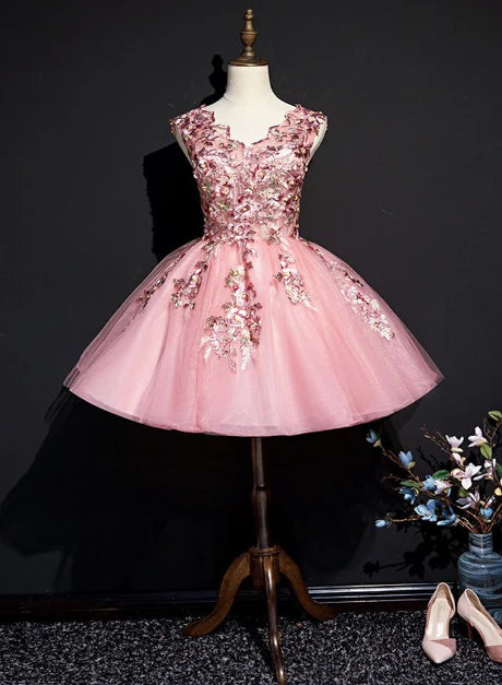 Pink Tulle Flowers A-line Short Homecoming Dress Teen Formal Dress