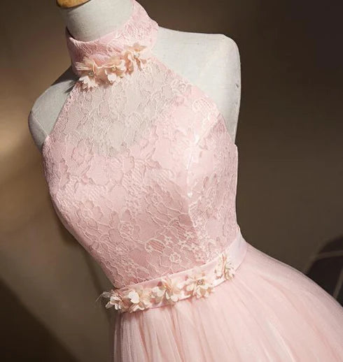 Pink Tulle Flowers Halter High Neck Short Prom Dress Homecoming Dress Graduation Dresses