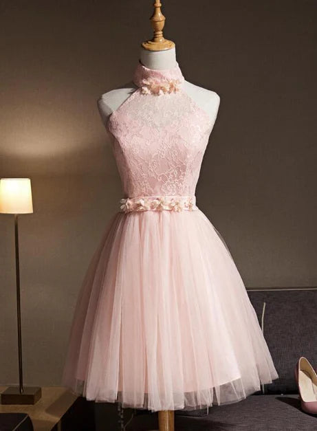 Pink Tulle Flowers Halter High Neck Short Prom Dress Homecoming Dress Graduation Dresses