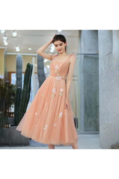 Pink Tulle Flowers Tea Length Wedding Party Dresses Formal Dresses Homecoming Dress