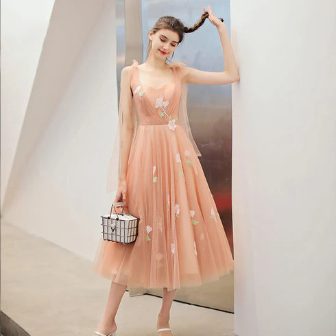 Pink Tulle Flowers Tea Length Wedding Party Dresses Formal Dresses Homecoming Dress