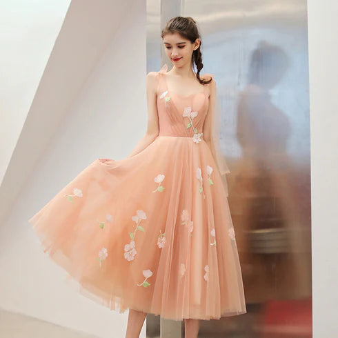Pink Tulle Flowers Tea Length Wedding Party Dresses Formal Dresses Homecoming Dress
