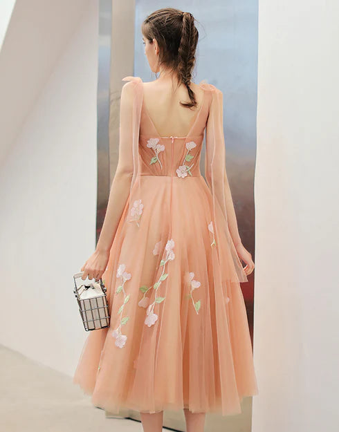 Pink Tulle Flowers Tea Length Wedding Party Dresses Formal Dresses Homecoming Dress