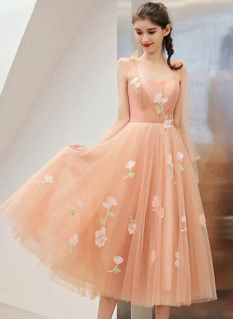 Pink Tulle Flowers Tea Length Wedding Party Dresses Formal Dresses Homecoming Dress