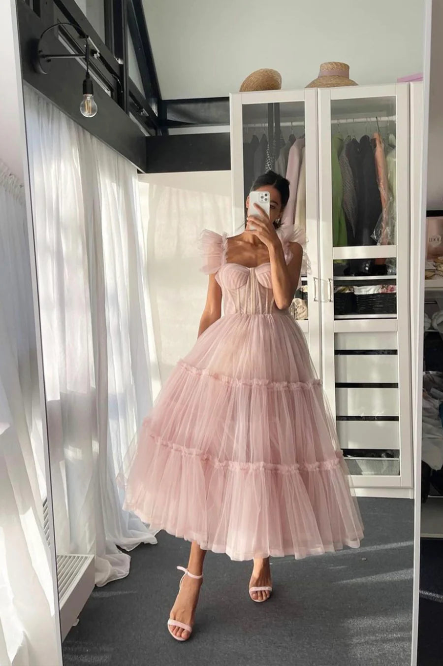 Pink Tulle Flying Sleeves BodyCon Long Prom Dresses A-Line Pink Homecoming Party Dresses
